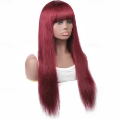 99J Wig Burg Red Bone Straight Human Hair Wig With Bangs For Women Brazilian Remy Hair Colored Halloween Cosplay Wigs