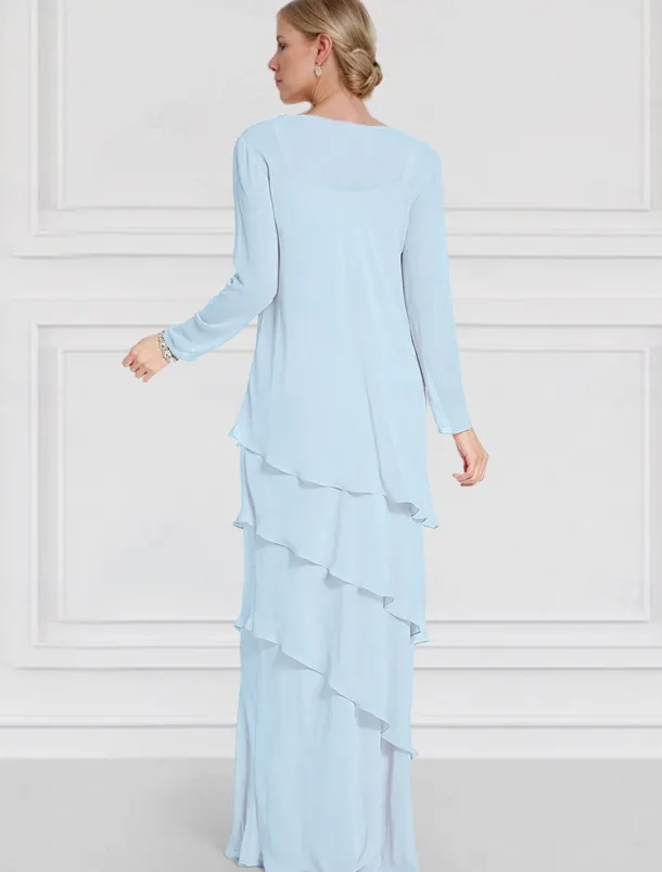 Jacket Dress Mother of the Bride Long Sleeve with Lace Ruffles Chiffon Elegant Vintage Crew Neck Floor Length Dress Cascading Ruffles