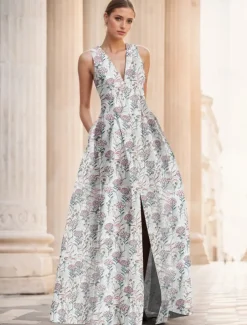 Jacquard A-Line Evening Gown Floral Elegant Dress Formal Wedding Floor Length Sleeveless V Neck Nylon with Slit Pocket Wedding Guest Dress