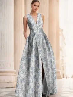 Jacquard A-Line Evening Gown Floral Elegant Dress Formal Wedding Floor Length Sleeveless V Neck Nylon with Slit Pocket Wedding Guest Dress