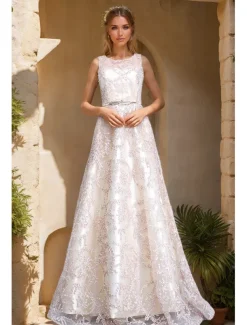 Jacquard A-Line Prom Dresses Elegant Dress Wedding Guest Holiday Floor Length Sleeveless Crew Neck Tulle with Metal Belt