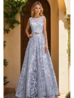 Jacquard A-Line Prom Dresses Elegant Dress Wedding Guest Holiday Floor Length Sleeveless Crew Neck Tulle with Metal Belt