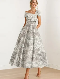 Jacquard Brocade Floral A-Line Cocktail Dresses Elegant Dress Formal Wedding Guest Ankle Length Short Sleeve One Shoulder Pocket Nylon with Bow(s) Pocket