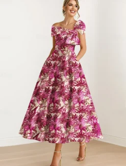 Jacquard Brocade Floral A-Line Cocktail Dresses Elegant Dress Formal Wedding Guest Ankle Length Short Sleeve One Shoulder Pocket Nylon with Bow(s) Pocket