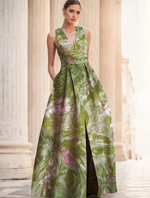 Jacquard Brocade Floral A-Line Evening Gown Elegant Dress Formal Wedding Floor Length Sleeveless V Neck Nylon with Slit Pocket Wedding Guest Dress