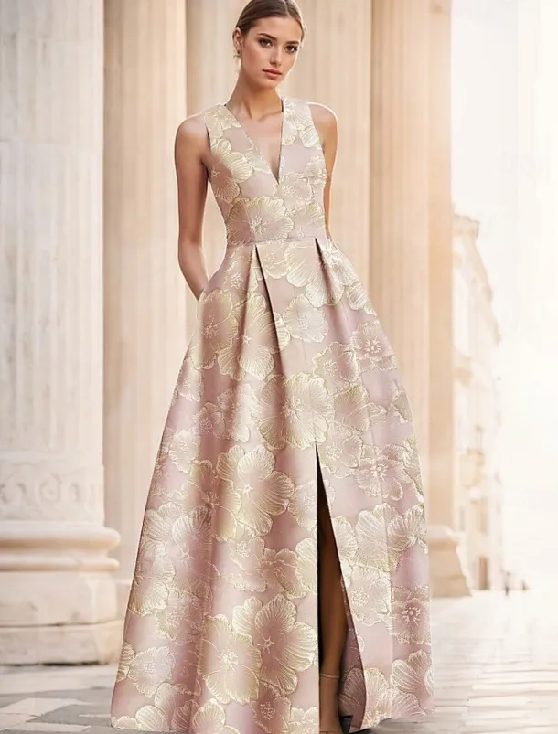 Jacquard Brocade Floral A-Line Evening Gown Elegant Dress Formal Wedding Floor Length Sleeveless V Neck Nylon with Slit Pocket Wedding Guest Dress