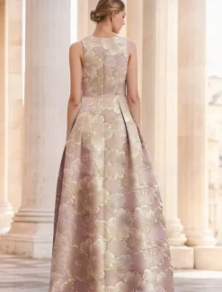 Jacquard Brocade Floral A-Line Evening Gown Elegant Dress Formal Wedding Floor Length Sleeveless V Neck Nylon with Slit Pocket Wedding Guest Dress