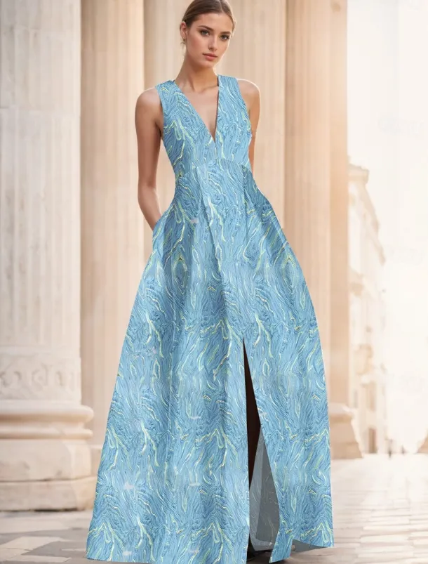 Jacquard Brocade Floral A-Line Evening Gown Elegant Dress Formal Wedding Floor Length Sleeveless V Neck Nylon with Slit Pocket Wedding Guest Dress