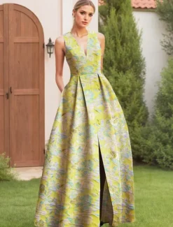 Jacquard Brocade Floral A-Line Evening Gown Elegant Dress Formal Wedding Floor Length Sleeveless V Neck Nylon with Slit Pocket Wedding Guest Dress