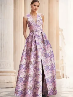 Jacquard Brocade Floral A-Line Evening Gown Elegant Dress Formal Wedding Floor Length Sleeveless V Neck Nylon with Slit Pocket Wedding Guest Dress