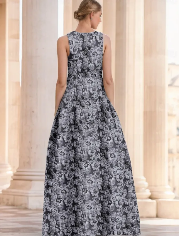 Jacquard Brocade Floral A-Line Evening Gown Elegant Dress Formal Wedding Floor Length Sleeveless V Neck Nylon with Slit Pocket Wedding Guest Dress