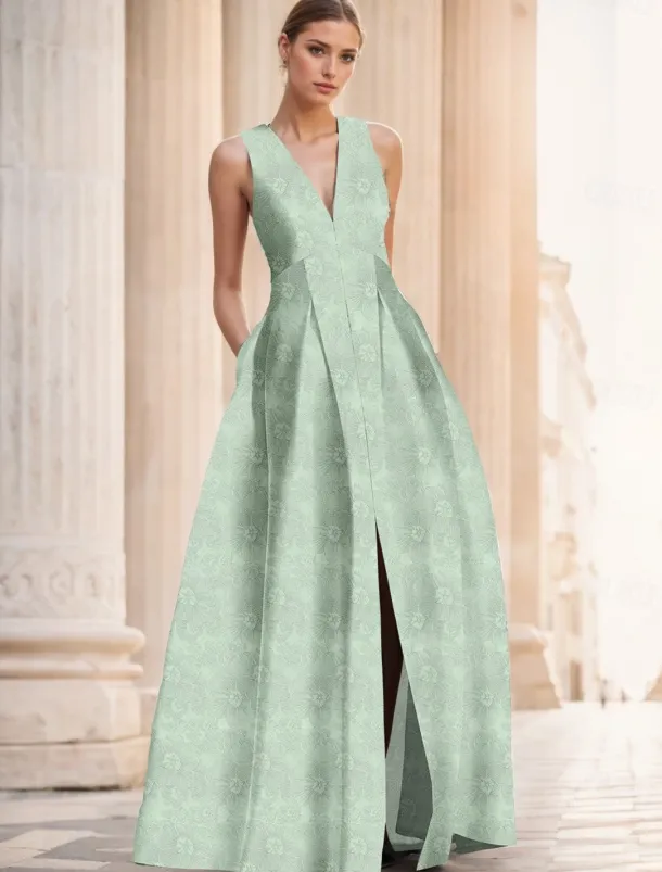 Jacquard Brocade Floral A-Line Evening Gown Elegant Dress Formal Wedding Floor Length Sleeveless V Neck Nylon with Slit Pocket Wedding Guest Dress