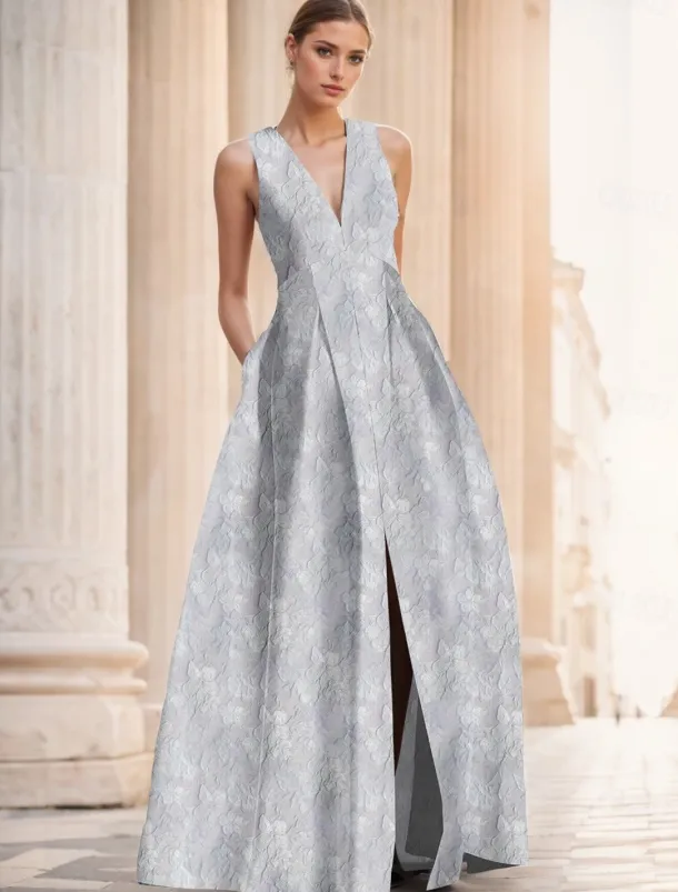 Jacquard Brocade Floral A-Line Evening Gown Elegant Dress Formal Wedding Floor Length Sleeveless V Neck Nylon with Slit Pocket Wedding Guest Dress