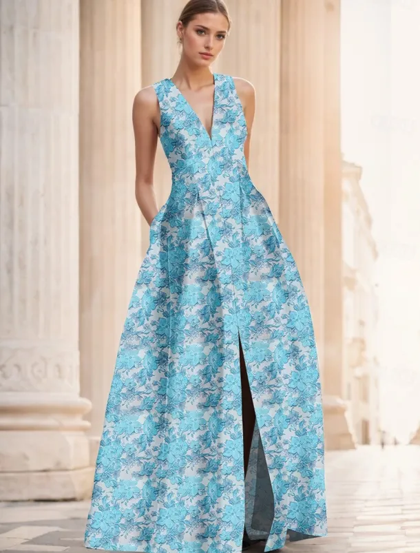 Jacquard Brocade Floral A-Line Evening Gown Elegant Dress Formal Wedding Floor Length Sleeveless V Neck Nylon with Slit Pocket Wedding Guest Dress
