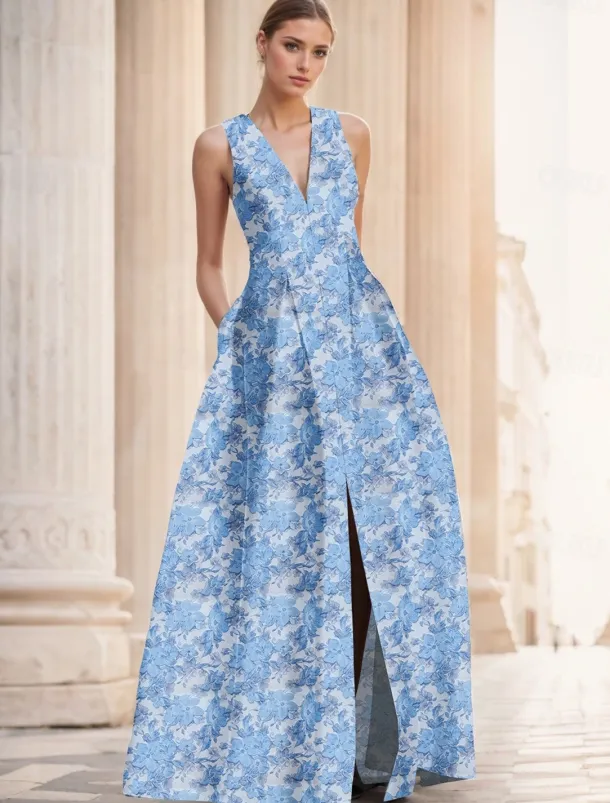 Jacquard Brocade Floral A-Line Evening Gown Elegant Dress Formal Wedding Floor Length Sleeveless V Neck Nylon with Slit Pocket Wedding Guest Dress