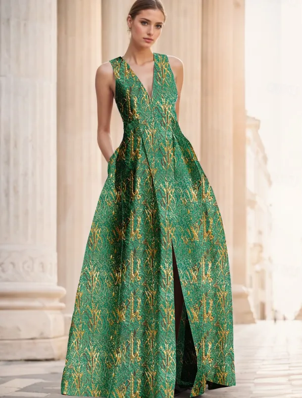 Jacquard Brocade Floral A-Line Evening Gown Elegant Dress Formal Wedding Floor Length Sleeveless V Neck Nylon with Slit Pocket Wedding Guest Dress