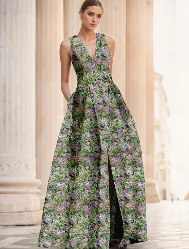 Jacquard Brocade Floral A-Line Evening Gown Elegant Dress Formal Wedding Floor Length Sleeveless V Neck Nylon with Slit Pocket Wedding Guest Dress