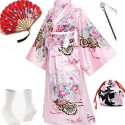 Japanese Anime Women's Kimono Robe Geisha Yukata Sweet Dress Blossom Satin Bathrobe Sleepwear Fans Socks Hair Accessories Purse 5 PCS