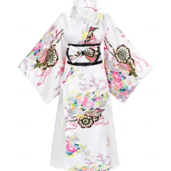 Japanese Anime Women's Kimono Robe Geisha Yukata Sweet Dress Blossom Satin Bathrobe Sleepwear Fans Socks Hair Accessories Purse 5 PCS