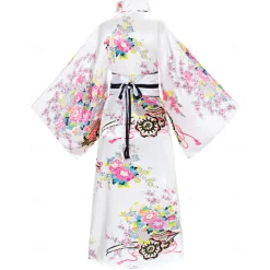 Japanese Anime Women's Kimono Robe Geisha Yukata Sweet Dress Blossom Satin Bathrobe Sleepwear Fans Socks Hair Accessories Purse 5 PCS