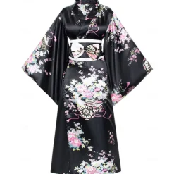 Japanese Anime Women's Kimono Robe Geisha Yukata Sweet Dress Blossom Satin Bathrobe Sleepwear Fans Socks Hair Accessories Purse 5 PCS