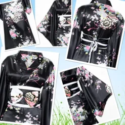 Japanese Anime Women's Kimono Robe Geisha Yukata Sweet Dress Blossom Satin Bathrobe Sleepwear Fans Socks Hair Accessories Purse 5 PCS