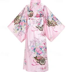 Japanese Anime Women's Kimono Robe Geisha Yukata Sweet Dress Blossom Satin Bathrobe Sleepwear Fans Socks Hair Accessories Purse 5 PCS