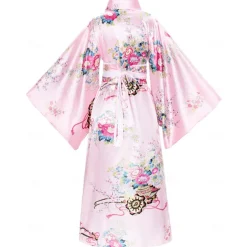 Japanese Anime Women's Kimono Robe Geisha Yukata Sweet Dress Blossom Satin Bathrobe Sleepwear Fans Socks Hair Accessories Purse 5 PCS