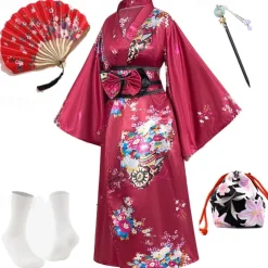 Japanese Anime Women's Kimono Robe Geisha Yukata Sweet Dress Blossom Satin Bathrobe Sleepwear Fans Socks Hair Accessories Purse 5 PCS