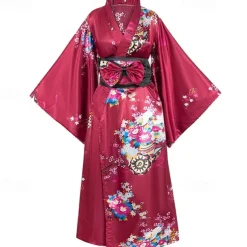 Japanese Anime Women's Kimono Robe Geisha Yukata Sweet Dress Blossom Satin Bathrobe Sleepwear Fans Socks Hair Accessories Purse 5 PCS
