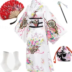 Japanese Anime Women's Kimono Robe Geisha Yukata Sweet Dress Blossom Satin Bathrobe Sleepwear Fans Socks Hair Accessories Purse 5 PCS