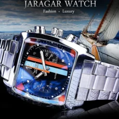 JARAGAR 569 Men Automatic Mechanical Watch Fashion Retro Design Square Dial Date Week Waterproof Steel Strap Leisure Wristwatch