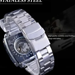 JARAGAR 569 Men Automatic Mechanical Watch Fashion Retro Design Square Dial Date Week Waterproof Steel Strap Leisure Wristwatch