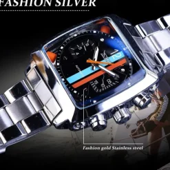 JARAGAR 569 Men Automatic Mechanical Watch Fashion Retro Design Square Dial Date Week Waterproof Steel Strap Leisure Wristwatch