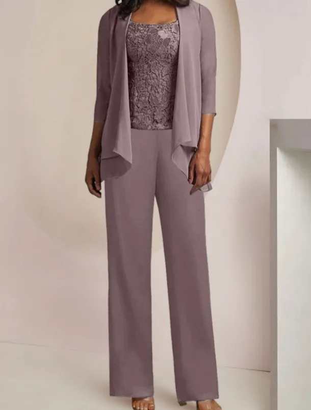 Jumpsuit / Pantsuit 3 Piece Mother of the Bride Formal Wedding Guest Elegant Vintage Scoop Neck Ankle Length Chiffon Lace Sleeveless 3/4 Length Sleeve with Appliques free custom size