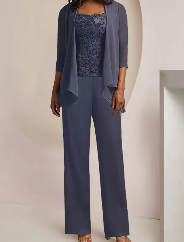 Jumpsuit / Pantsuit 3 Piece Mother of the Bride Formal Wedding Guest Elegant Vintage Scoop Neck Ankle Length Chiffon Lace Sleeveless 3/4 Length Sleeve with Appliques free custom size