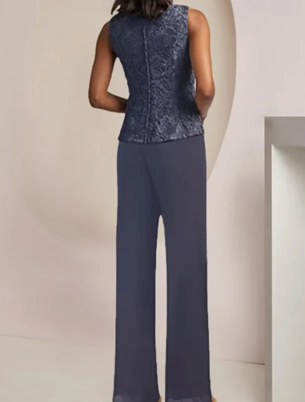 Jumpsuit / Pantsuit 3 Piece Mother of the Bride Formal Wedding Guest Elegant Vintage Scoop Neck Ankle Length Chiffon Lace Sleeveless 3/4 Length Sleeve with Appliques free custom size