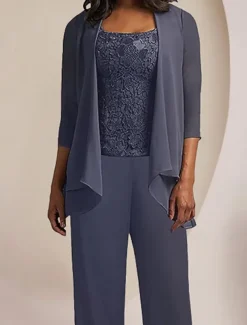 Jumpsuit / Pantsuit 3 Piece Mother of the Bride Formal Wedding Guest Elegant Vintage Scoop Neck Ankle Length Chiffon Lace Sleeveless 3/4 Length Sleeve with Appliques free custom size