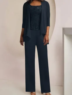 Jumpsuit / Pantsuit 3 Piece Mother of the Bride Formal Wedding Guest Elegant Vintage Scoop Neck Ankle Length Chiffon Lace Sleeveless 3/4 Length Sleeve with Appliques free custom size