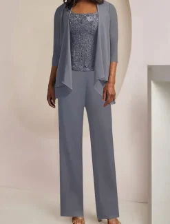 Jumpsuit / Pantsuit 3 Piece Mother of the Bride Formal Wedding Guest Elegant Vintage Scoop Neck Ankle Length Chiffon Lace Sleeveless 3/4 Length Sleeve with Appliques free custom size
