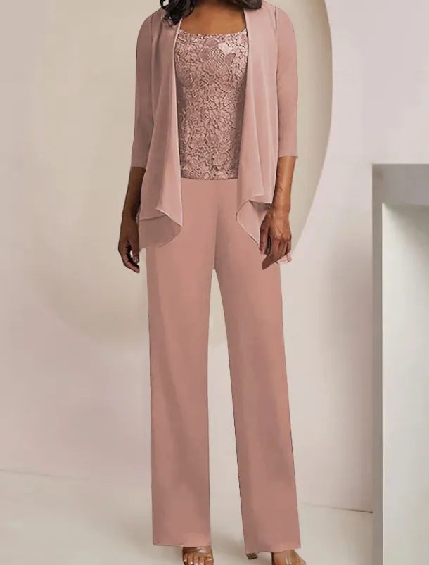 Jumpsuit / Pantsuit 3 Piece Mother of the Bride Formal Wedding Guest Elegant Vintage Scoop Neck Ankle Length Chiffon Lace Sleeveless 3/4 Length Sleeve with Appliques free custom size