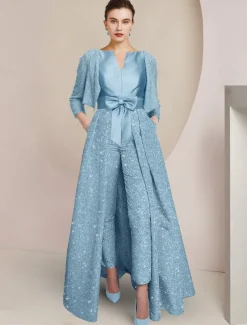 Jumpsuit / Pantsuit 3 Piece Mother of the Bride Formal Elegant Sparkle & Shine Scoop Neck Ankle Length Sequined 3/4 Length Sleeve Wrap Included with Bow(s) Ruched free custom size