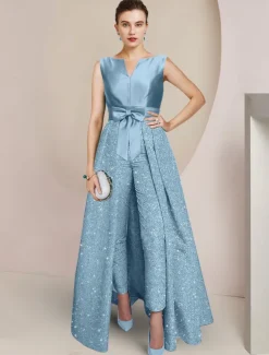 Jumpsuit / Pantsuit 3 Piece Mother of the Bride Formal Elegant Sparkle & Shine Scoop Neck Ankle Length Sequined 3/4 Length Sleeve Wrap Included with Bow(s) Ruched free custom size