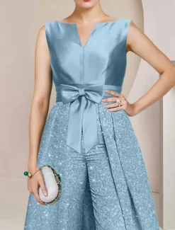 Jumpsuit / Pantsuit 3 Piece Mother of the Bride Formal Elegant Sparkle & Shine Scoop Neck Ankle Length Sequined 3/4 Length Sleeve Wrap Included with Bow(s) Ruched free custom size