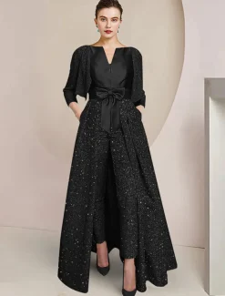 Jumpsuit / Pantsuit 3 Piece Mother of the Bride Formal Elegant Sparkle & Shine Scoop Neck Ankle Length Sequined 3/4 Length Sleeve Wrap Included with Bow(s) Ruched free custom size