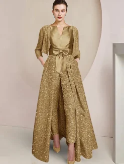 Jumpsuit / Pantsuit 3 Piece Mother of the Bride Formal Elegant Sparkle & Shine Scoop Neck Ankle Length Sequined 3/4 Length Sleeve Wrap Included with Bow(s) Ruched free custom size