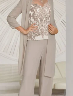 Jumpsuit / Pantsuit 3 Piece Mother of the Bride Wedding Guest Elegant Illusion Neck Floor Length Chiffon Lace Long Sleeve with Ruching Solid Color free custom size