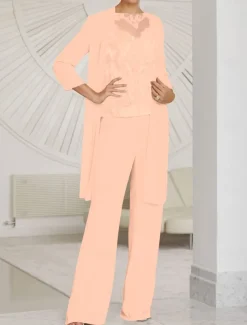 Jumpsuit / Pantsuit 3 Piece Mother of the Bride Wedding Guest Elegant Illusion Neck Floor Length Chiffon Lace Long Sleeve with Ruching Solid Color free custom size