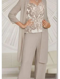 Jumpsuit / Pantsuit 3 Piece Mother of the Bride Wedding Guest Elegant Illusion Neck Floor Length Chiffon Lace Long Sleeve with Ruching Solid Color free custom size