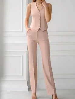 Jumpsuit / Pantsuit 3 Piece Pantsuit Mother of the Bride Tailored Jacket Blazer Elegant Vintage Simple Lapel Floor Length Crepe Stretch Fabric Long Sleeve with Buttons